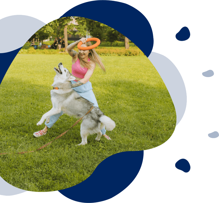 A woman and her dog playing frisbee in the park.